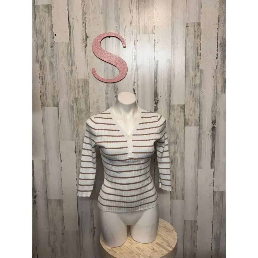 White & Brown Striped Henley Ribbed Knit Top – Small